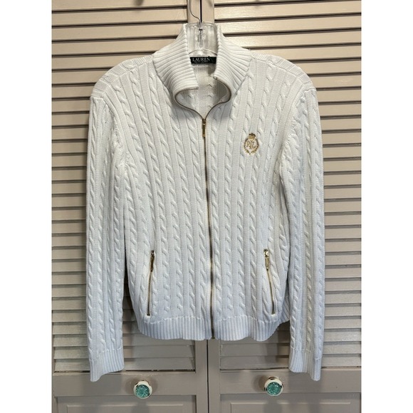 Lauren Ralph Lauren Sweaters - Lauren Ralph Lauren Cable Knit Zip Up Sweater Size L Long Sleeve Gold Logo